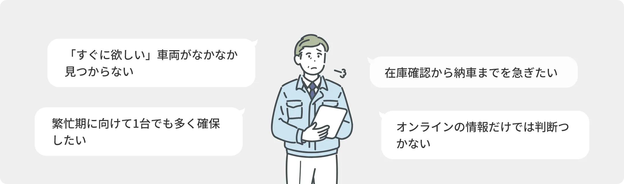 「すぐに欲しい」車両がなかなか見つからない、在庫確認から納車までを急ぎたい、繁忙期に向けて1台でも多く確保したい、オンラインの情報だけでは判断つかない
